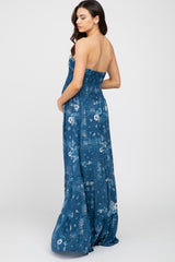 Blue Floral Paisley Smocked Strapless Maternity Maxi Dress