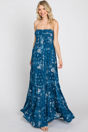 Blue Floral Paisley Smocked Strapless Maxi Dress