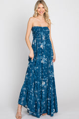 Blue Floral Paisley Smocked Strapless Maxi Dress