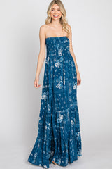 Blue Floral Paisley Smocked Strapless Maxi Dress