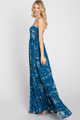 Blue Floral Paisley Smocked Strapless Maxi Dress