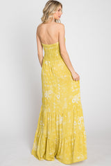 Yellow Floral Paisley Smocked Strapless Maxi Dress