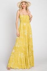 Yellow Floral Paisley Smocked Strapless Maxi Dress