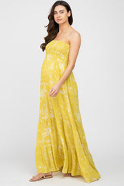 Yellow Floral Paisley Smocked Strapless Maternity Maxi Dress