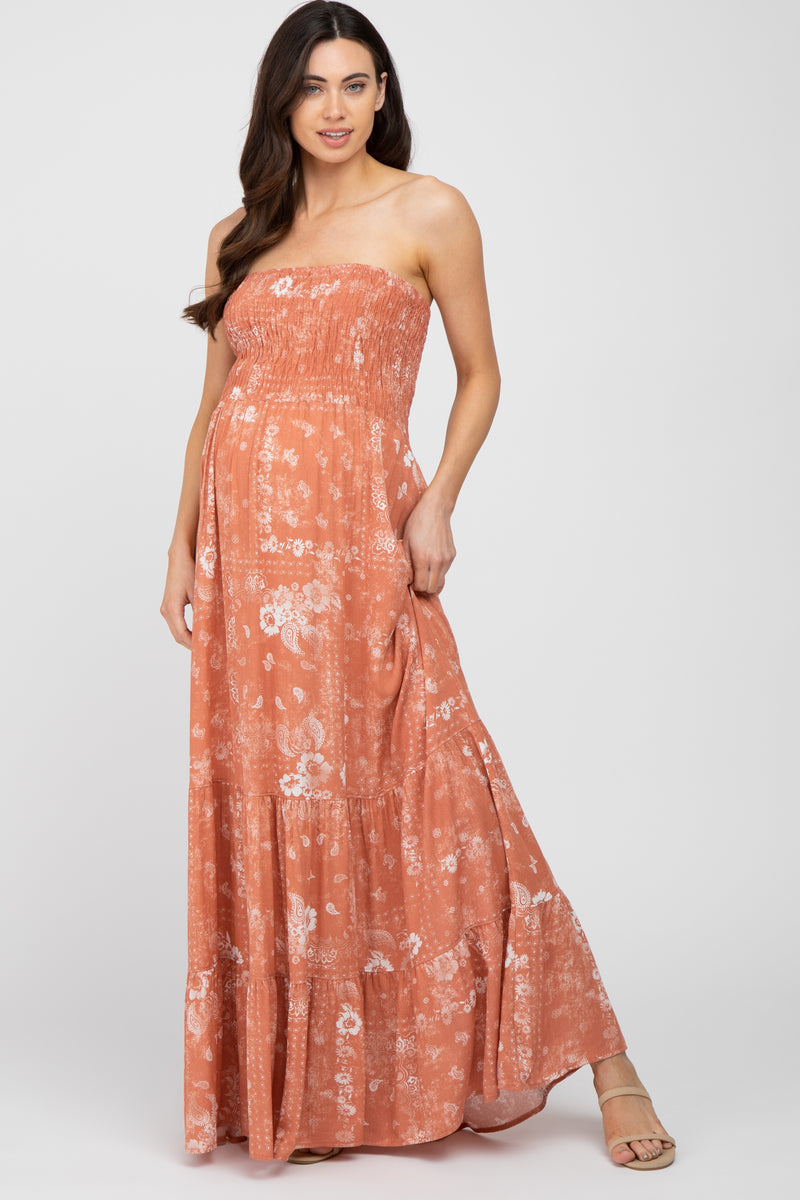 Rust Floral Paisley Smocked Strapless Maternity Maxi Dress – PinkBlush