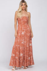 Rust Floral Paisley Smocked Strapless Maxi Dress