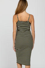 Olive Striped Lettuce Trim Fitted Maternity Dress