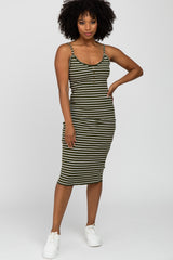 Olive Striped Lettuce Trim Fitted Maternity Dress