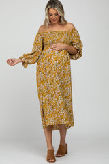 Yellow Floral Smocked Maternity Midi Dress