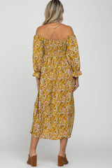 Yellow Floral Smocked Maternity Midi Dress