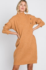 Camel Mock Neck Button Shoulder Sweater Dress