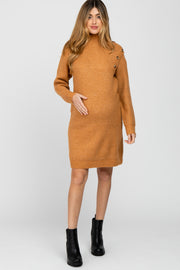 Camel Mock Neck Button Shoulder Maternity Sweater Dress