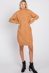 Camel Mock Neck Button Shoulder Sweater Dress