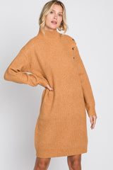 Camel Mock Neck Button Shoulder Sweater Dress