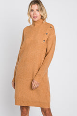 Camel Mock Neck Button Shoulder Sweater Dress