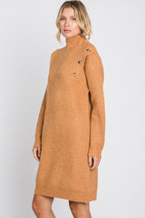 Camel Mock Neck Button Shoulder Sweater Dress