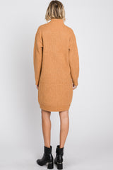 Camel Mock Neck Button Shoulder Sweater Dress