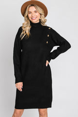 Black Mock Neck Button Shoulder Sweater Dress