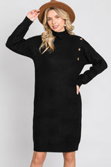 Black Mock Neck Button Shoulder Sweater Dress