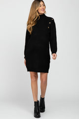 Black Mock Neck Button Shoulder Maternity Sweater Dress