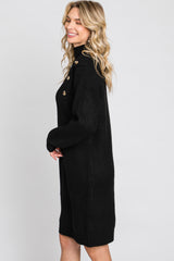 Black Mock Neck Button Shoulder Sweater Dress