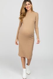 Beige Knit Mock Neck Maternity Midi Dress