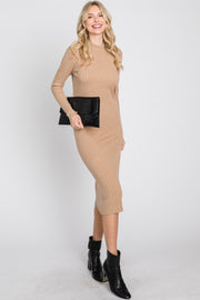 Beige Knit Mock Neck Midi Dress