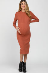 Rust Knit Mock Neck Maternity Midi Dress