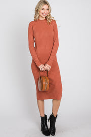 Rust Knit Mock Neck Midi Dress