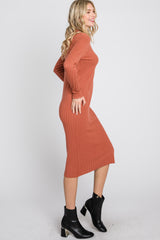 Rust Knit Mock Neck Midi Dress