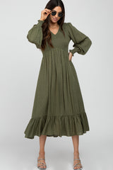 Olive Swiss Dot Smocked Long Sleeve Dress