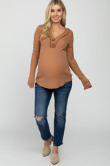 Camel Waffle Knit Button Accent Maternity Top