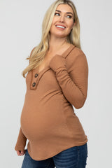 Camel Waffle Knit Button Accent Maternity Top