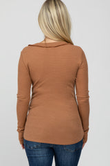 Camel Waffle Knit Button Accent Maternity Top