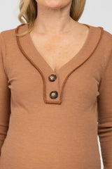 Camel Waffle Knit Button Accent Maternity Top