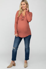 Rust Waffle Knit Button Accent Maternity Top