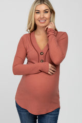 Rust Waffle Knit Button Accent Maternity Top