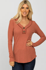 Rust Waffle Knit Button Accent Maternity Top