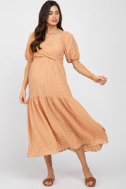 Peach Plaid Wrap Front Waist Tie Ruffle Hem Maternity Midi Dress