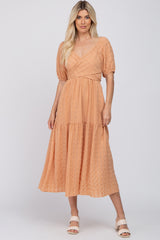 Peach Plaid Wrap Front Waist Tie Ruffle Hem Midi Dress