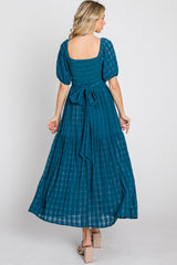 Blue Plaid Wrap Front Waist Tie Ruffle Hem Midi Dress