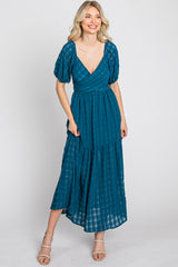 Blue Plaid Wrap Front Waist Tie Ruffle Hem Midi Dress