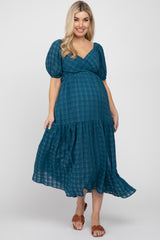 Blue Plaid Wrap Front Waist Tie Ruffle Hem Maternity Midi Dress