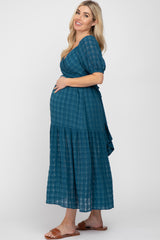 Blue Plaid Wrap Front Waist Tie Ruffle Hem Maternity Midi Dress