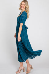 Blue Plaid Wrap Front Waist Tie Ruffle Hem Midi Dress