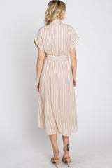 Taupe Striped Button Down Waist Tie Midi Dress