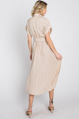 Taupe Striped Button Down Waist Tie Midi Dress