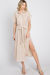 Taupe Striped Button Down Waist Tie Midi Dress