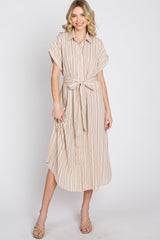 Taupe Striped Button Down Waist Tie Midi Dress