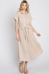 Taupe Striped Button Down Waist Tie Midi Dress